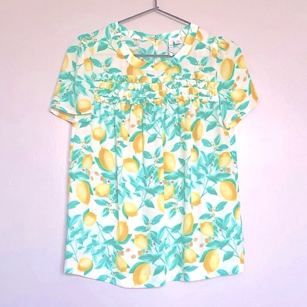 New Elle Lemon Print Ruffle Trim Fun Lightweight Chiffon Blouse Top XS